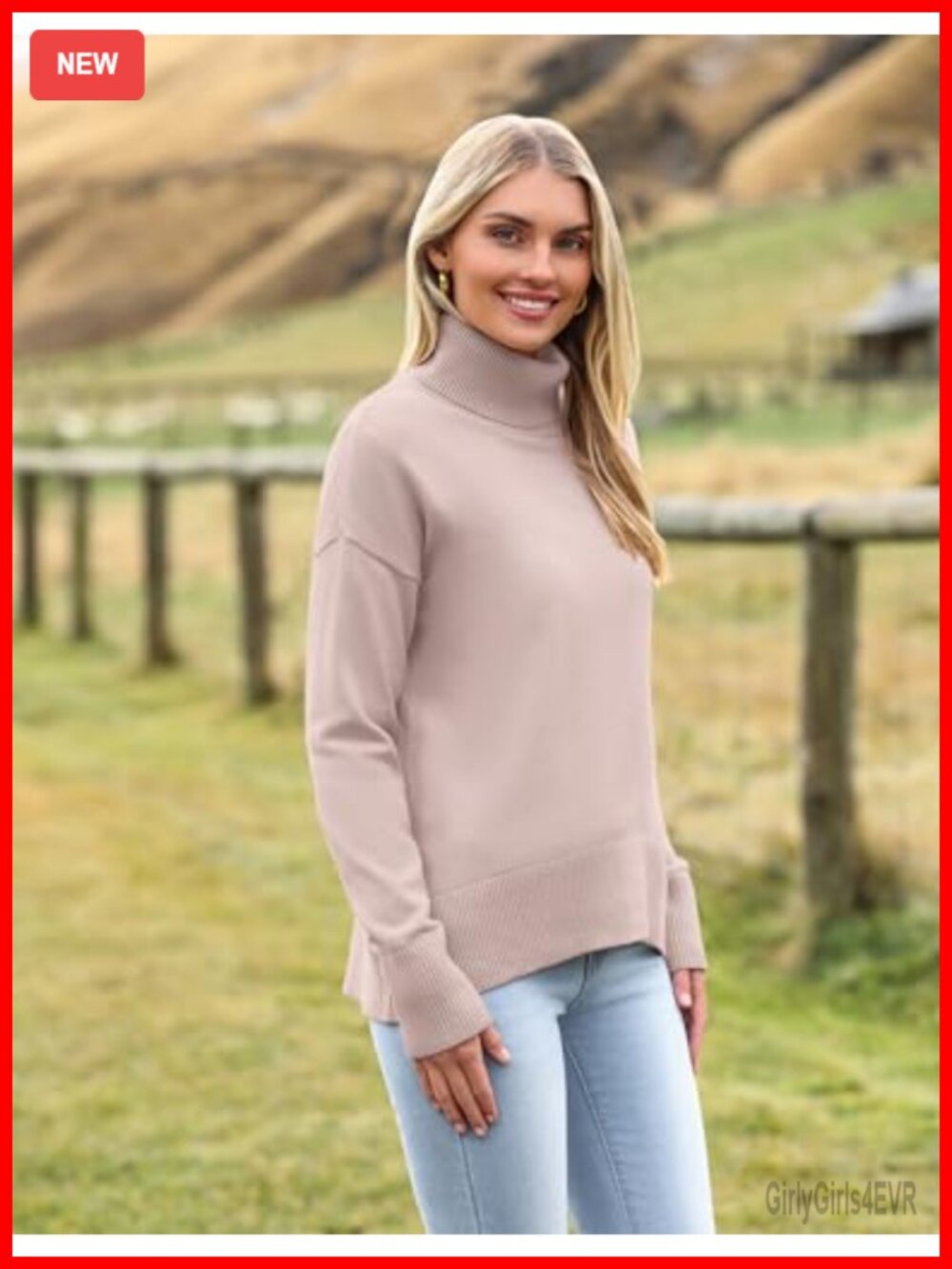 Turtleneck Sweater Chunky Knitted Pullover Oversized High Low Hem - Picture 2 of 4